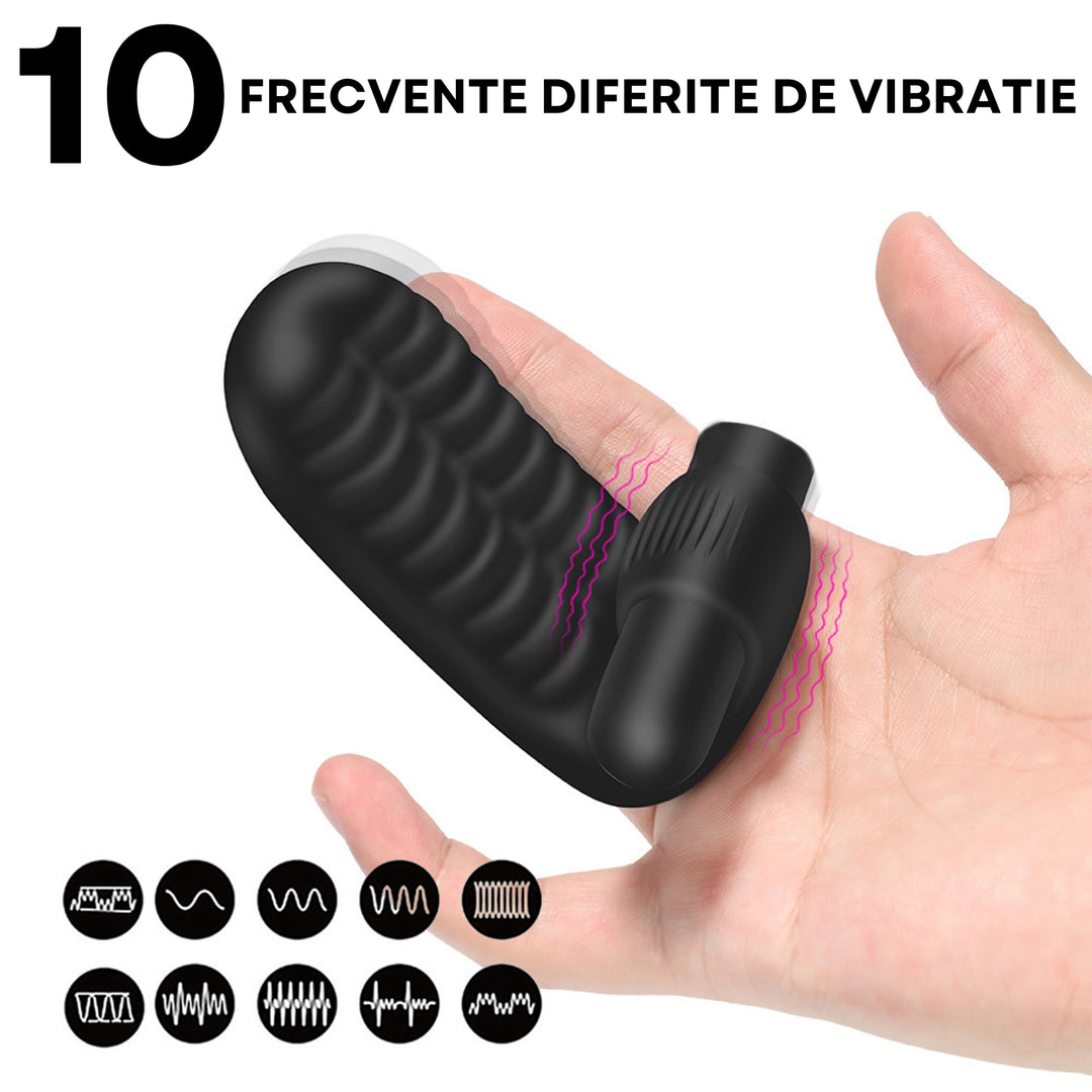 Vibrator LovePlay™ TwoFingers, 10 moduri diferite de vibratie, cu striatii, stimulare clitoris si punct G, silentios, reincarcabil, rezistent la apa, atasabil, usor de curatat si transportat, design discret, din silicon, negru - LovePlay