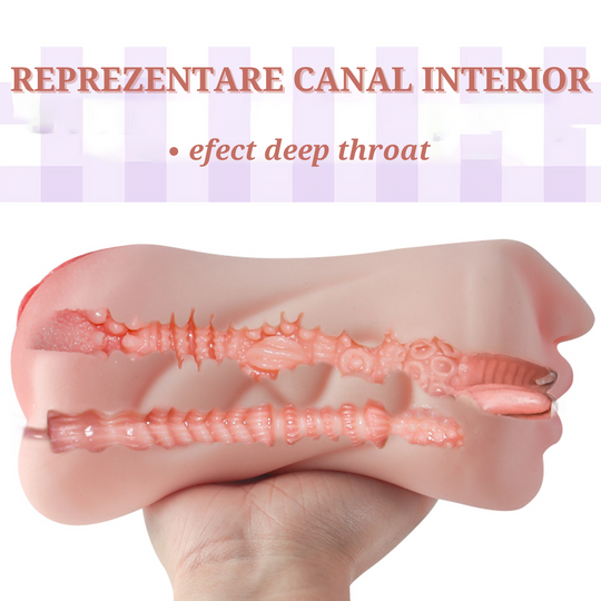 Masturbator ultra-realistic 3 gauri LovePlay™ MissHer, cu limba, din silicon premium non-toxic, canale cu striatii 3D, design anatomic, usor de curatat, rezistent la apa, 21 x 10 x 8.5 cm, 760 g - LovePlay