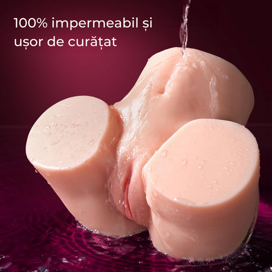 Masturbator LovePlay™ MissHer ultra-realist, cu 10 tipuri de vibratie, efect de suctie si stimulare orala, canal vaginal si anal, cu striatii 3D, din silicon premium non-toxic, design coapse anatomic, usor de curatat, rezistent la apa, greutate 2.1 kg - LovePlay