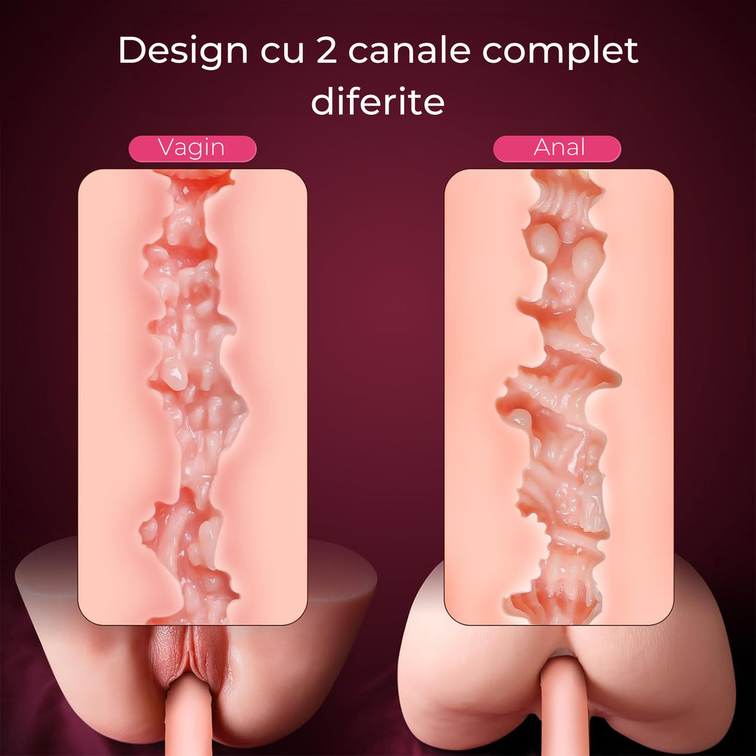 Masturbator LovePlay™ MissHer ultra-realist, cu 10 tipuri de vibratie, efect de suctie si stimulare orala, canal vaginal si anal, cu striatii 3D, din silicon premium non-toxic, design coapse anatomic, usor de curatat, rezistent la apa, greutate 2.1 kg - LovePlay