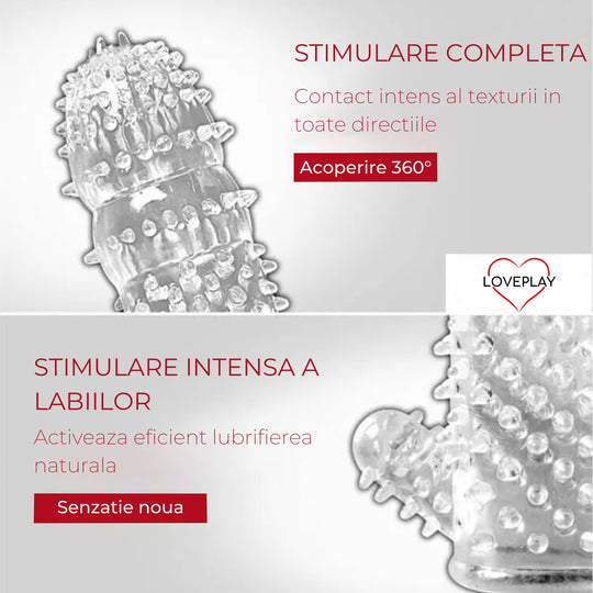 Set de 5 prezervative LovePlay™ BestTime, transparent, cu striatii, din silicon premium, cu efect de extensie, stimulare clitoridiana, usor de transportat si utilizat - LovePlay