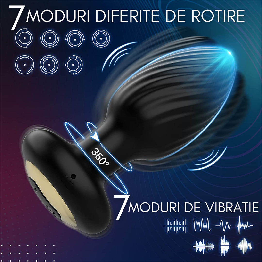 Dop Anal LovePlay™ TwistGasm, cu 7 moduri de rotatii, 7 moduri de vibratii, pentru stimulare anala si punct G, control prin aplicatie, telecomanda, rezistent la apa, din silicon, negru, diametru 35 mm - LovePlay
