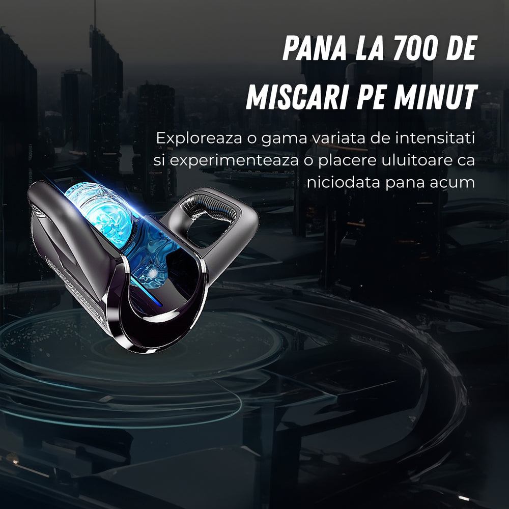 Masturbator Automat LovePlay™ ThrustPro, cu 700 miscari/minut, 10 moduri de suctiune si incalzire 360°, cu sunete interactive, manere si mansoane duble, incarcare USB - LovePlay