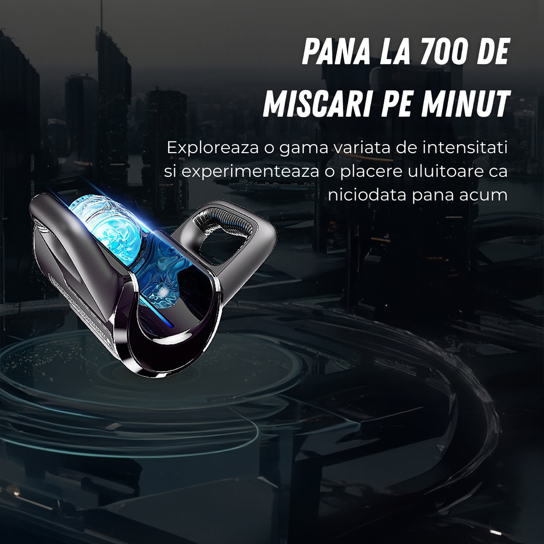 Masturbator Automat LovePlay™ ThrustPro, cu 700 miscari/minut, 10 moduri de suctiune si incalzire 360°, cu sunete interactive, manere si mansoane duble, incarcare USB - LovePlay