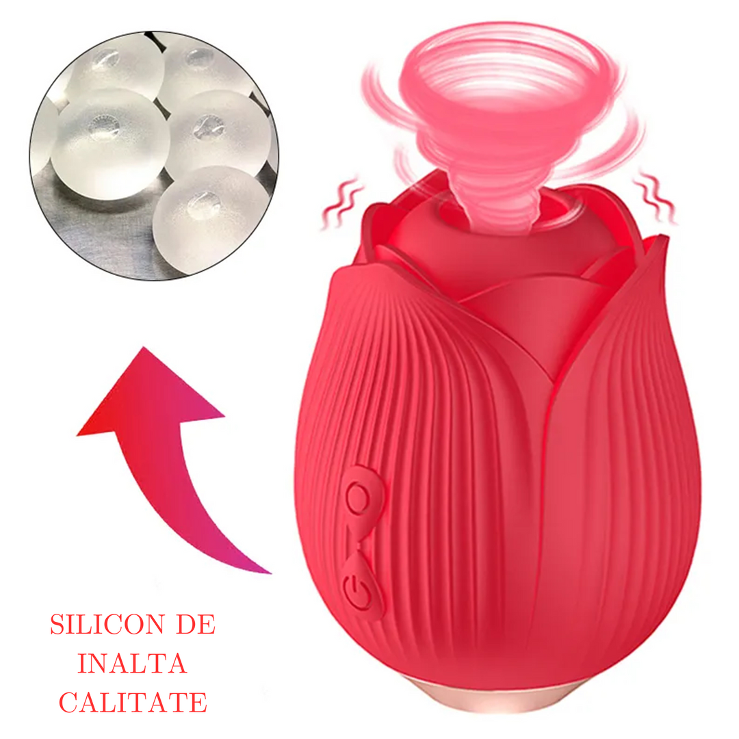 Vibrator LovePlay™ RedRose, cu 10 moduri de vibratie diferite, functie de suctiune, pentru stimularea sanilor si a clitorisului, design discret, rezistent la apa, rosu, reincarcabil prin cablu usb - LovePlay
