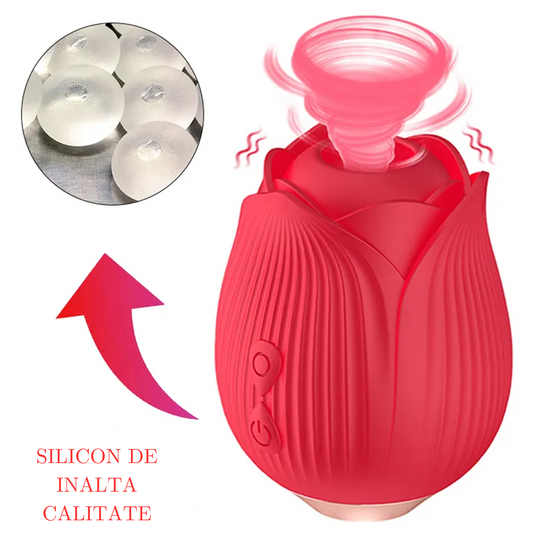 Vibrator LovePlay™ RedRose, cu 10 moduri de vibratie diferite, functie de suctiune, pentru stimularea sanilor si a clitorisului, design discret, rezistent la apa, rosu, reincarcabil prin cablu usb - LovePlay