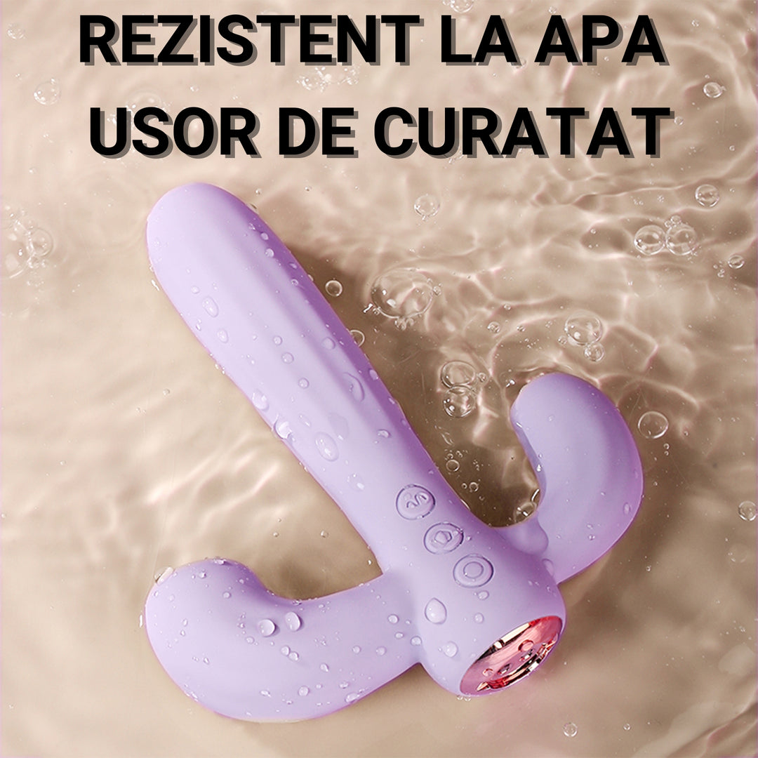 Vibrator LovePlay™ Cactus cu 10 tipuri diferite de vibratie si suctie, stimulare tripla, punctul G, punctul C si anal, din silicon, mov, rezistent la apa, incarcare magnetica, design discret, usor de folosit - LovePlay