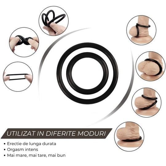 Set 3 inele de penis LovePlay™ pentru mentinerea erectiei si intarzierea ejacularii, din silicon, 3 dimeniuni: 5cm, 4cm si 3cm, negru, confortabile si usor de utilizat - LovePlay