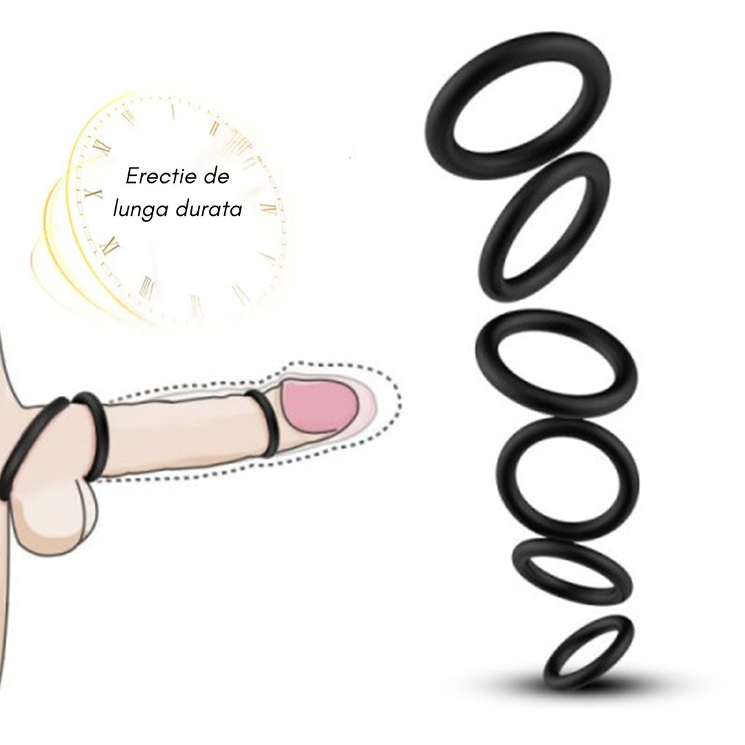 Set 3 inele de penis LovePlay™ pentru mentinerea erectiei si intarzierea ejacularii, din silicon, 3 dimeniuni: 5cm, 4cm si 3cm, negru, confortabile si usor de utilizat - LovePlay