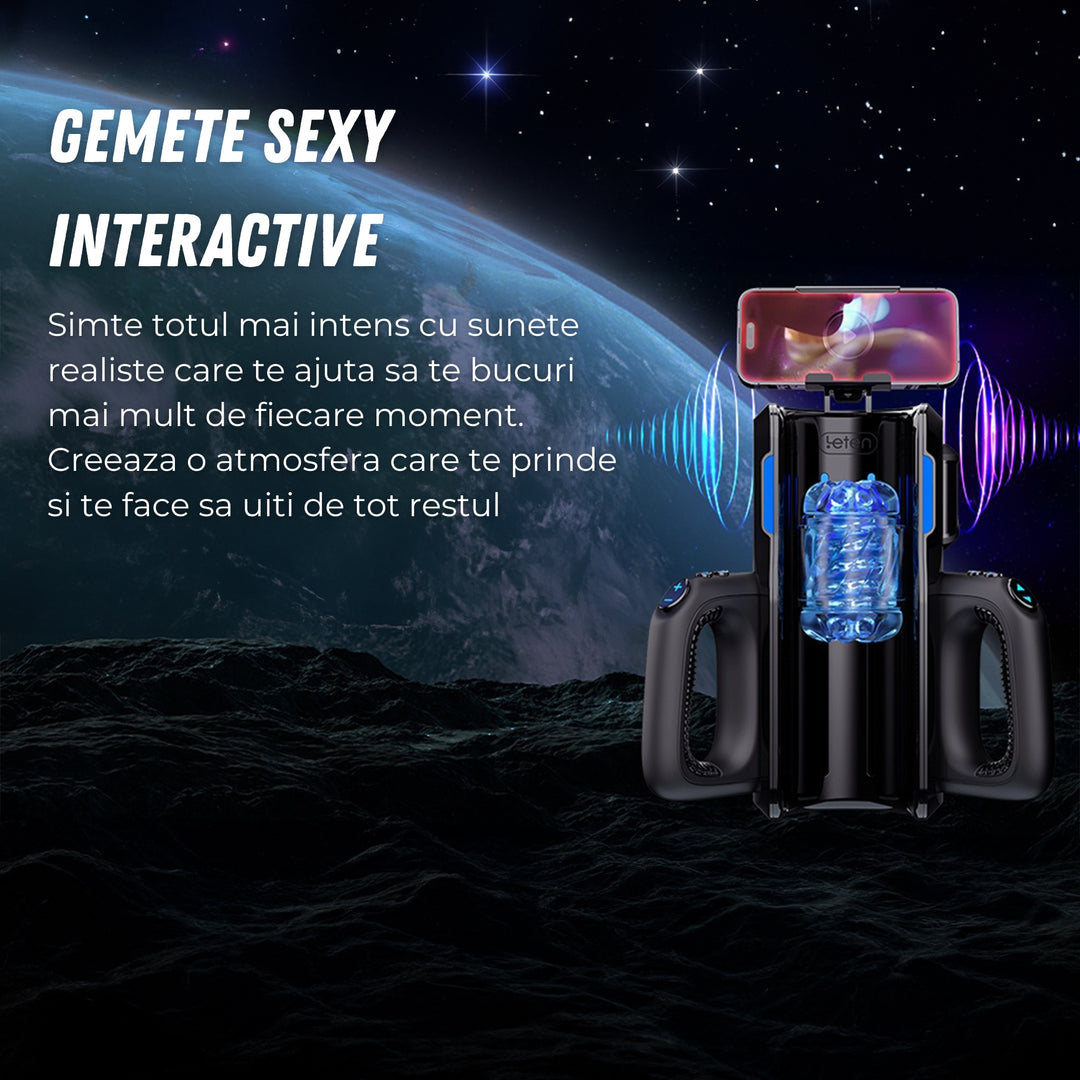Masturbator Automat LovePlay™ ThrustPro, cu 700 miscari/minut, 10 moduri de suctiune si incalzire 360°, cu sunete interactive, manere si mansoane duble, incarcare USB - LovePlay
