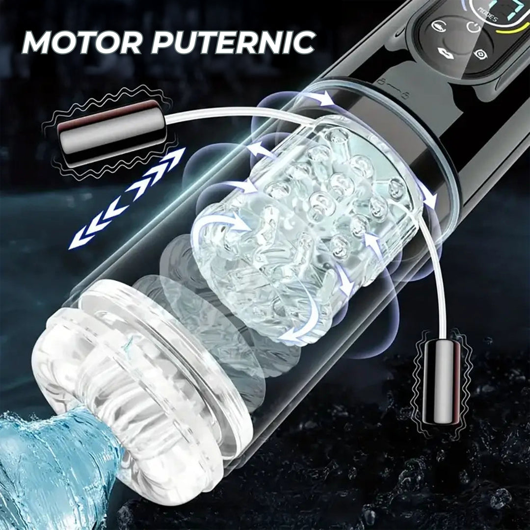 Masturbator automat Obsessia® AquaPulse, 6-in-1, cu 7 moduri de suctiune si de vibratie, 7 moduri de rotatie & miscare inainte-inapoi, tip limba, functie SPA cu apa calda/rece, motor dual puternic, USB, ham utilizare hands-free, jucarii sexuale premium