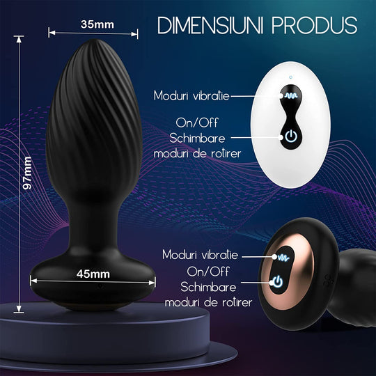 Dop Anal LovePlay™ TwistGasm, cu 7 moduri de rotatii, 7 moduri de vibratii, pentru stimulare anala si punct G, control prin aplicatie, telecomanda, rezistent la apa, din silicon, negru, diametru 35 mm - LovePlay
