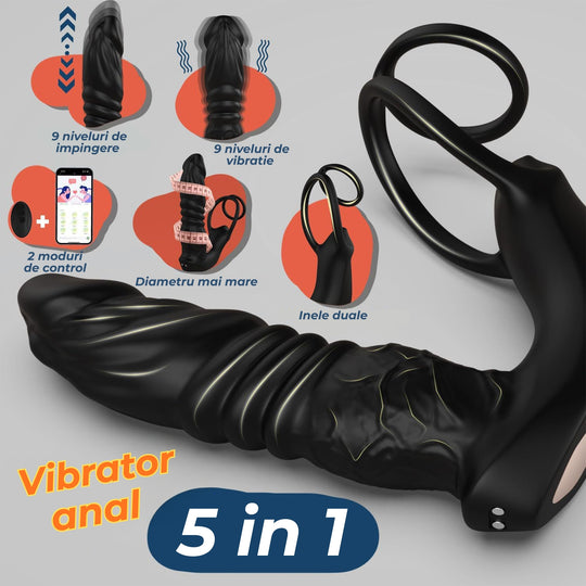 Vibrator anal Obsessia® PowerThrust, 5 în 1 cu inel, mișcare telescopică, 9 moduri vibrație, control prin aplicație, negru