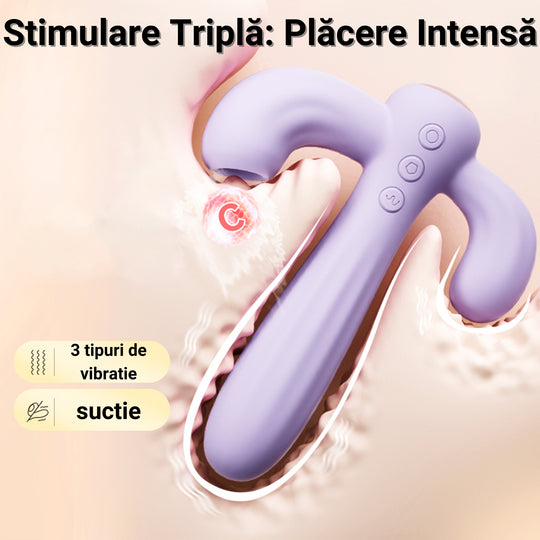 Vibrator LovePlay™ Cactus cu 10 tipuri diferite de vibratie si suctie, stimulare tripla, punctul G, punctul C si anal, din silicon, mov, rezistent la apa, incarcare magnetica, design discret, usor de folosit - LovePlay