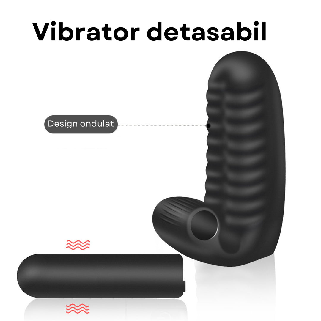 Vibrator LovePlay™ TwoFingers, 10 moduri diferite de vibratie, cu striatii, stimulare clitoris si punct G, silentios, reincarcabil, rezistent la apa, atasabil, usor de curatat si transportat, design discret, din silicon, negru - LovePlay