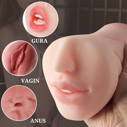 Masturbator ultra-realist 3 gauri LovePlay™ MissHer, din silicon premium non-toxic, stimulare orala si efect deep throat, canal oral, vaginal si anal cu striatii 3D, design turnat pe model real, usor de curatat, rezistent la apa - LovePlay