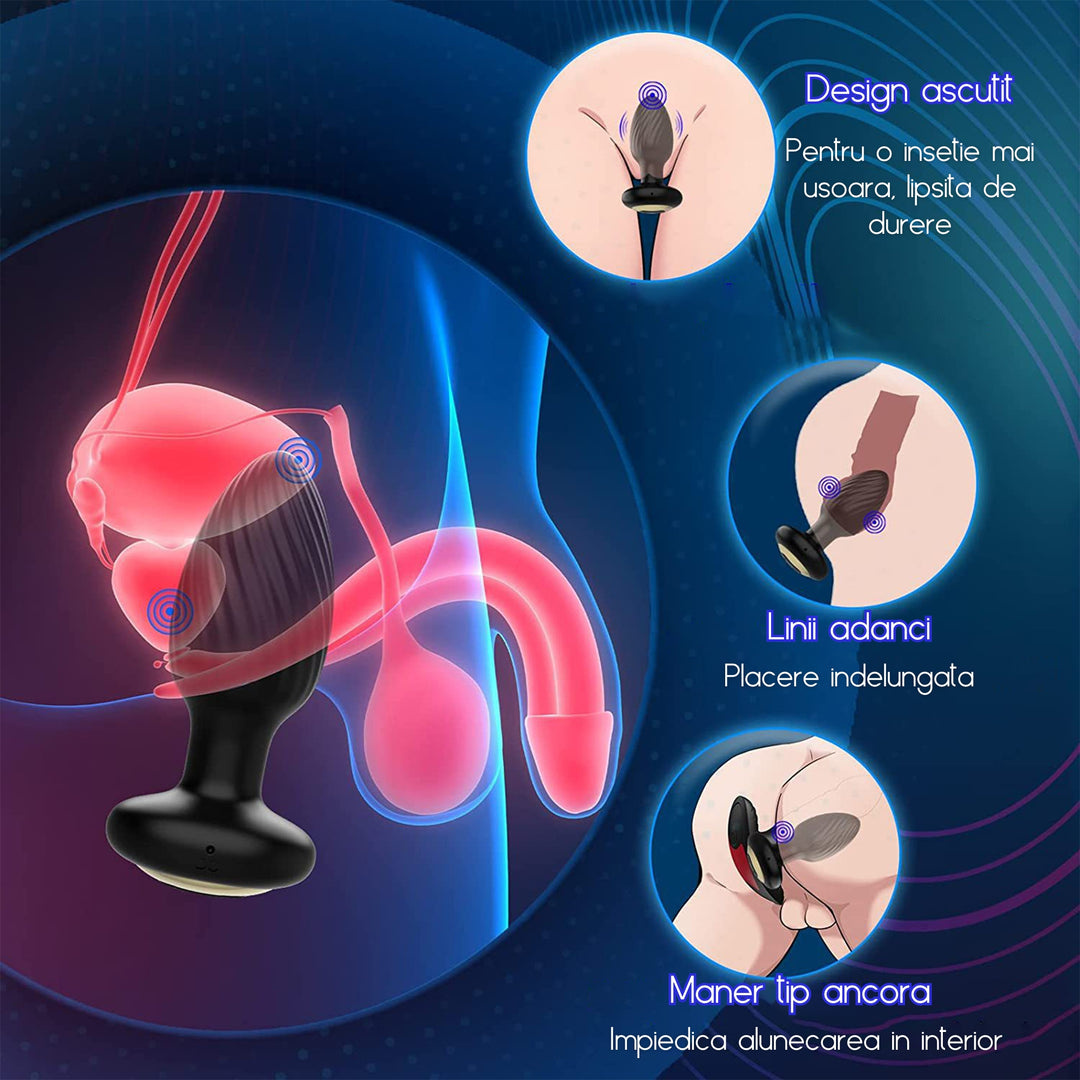 Dop Anal LovePlay™ TwistGasm, cu 7 moduri de rotatii, 7 moduri de vibratii, pentru stimulare anala si punct G, control prin aplicatie, telecomanda, rezistent la apa, din silicon, negru, diametru 35 mm - LovePlay