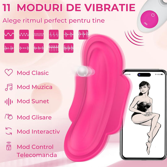 Vibrator LovePlay™ PantyPlay, cu 11 moduri de vibratie, 5 moduri de control prin aplicatie, telecomanda, pentru stimulare clitoridiana si vaginala, cu design purtabil, functie de control vocal, ultra-silentios, incarcabil USB, rezistent la apa, roz - LovePlay