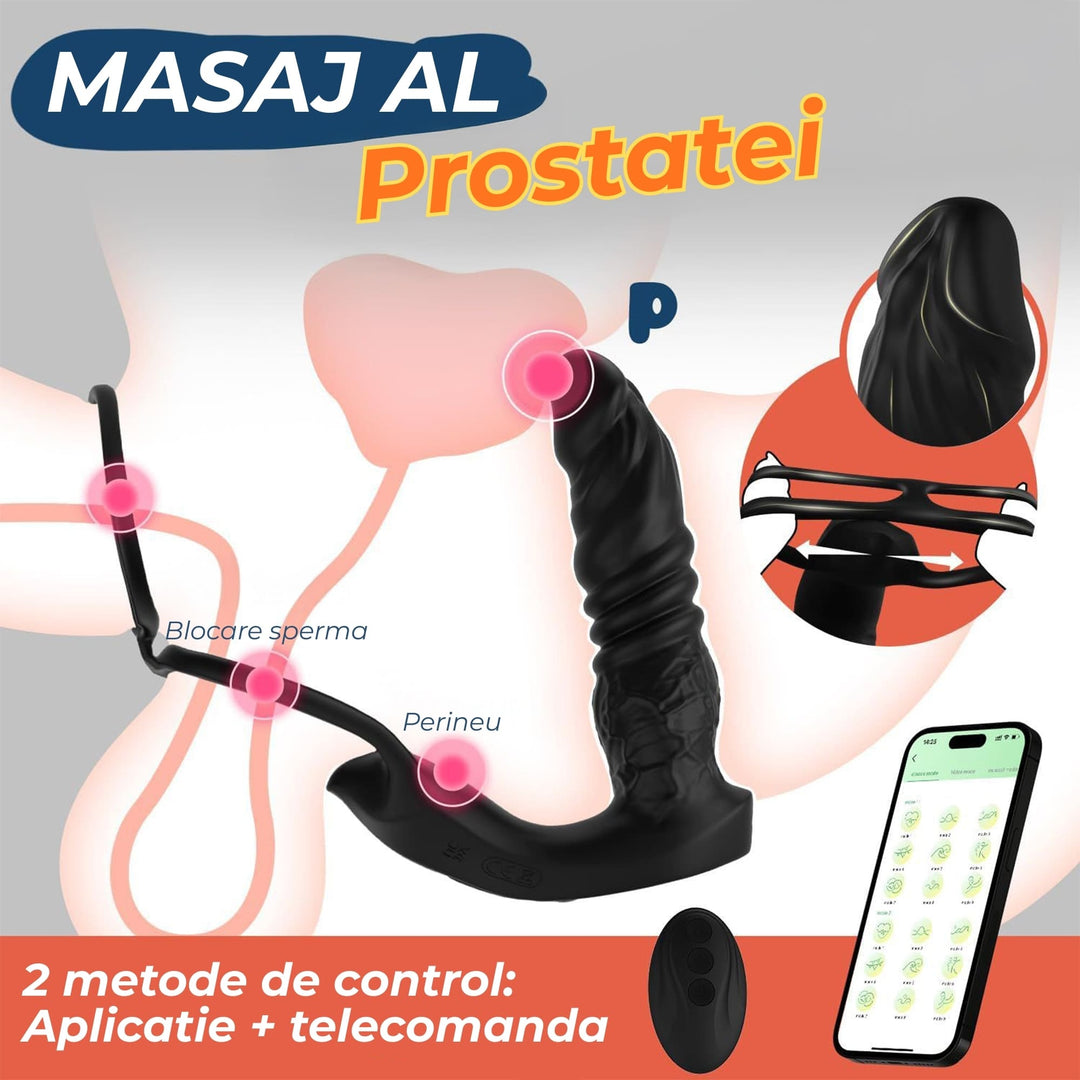 Vibrator anal Obsessia® PowerThrust, 5 în 1 cu inel, mișcare telescopică, 9 moduri vibrație, control prin aplicație, negru