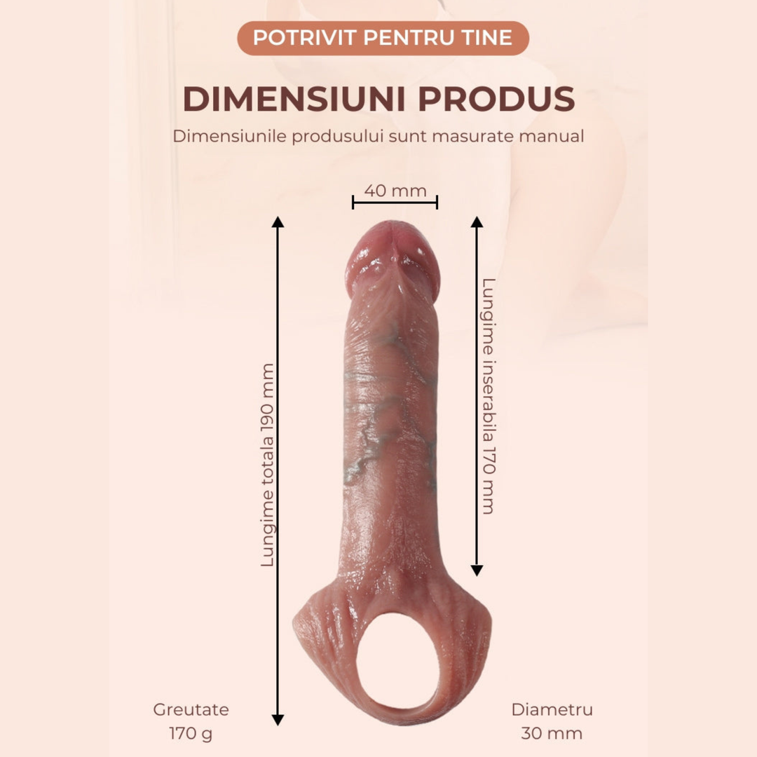 Manșon penis Obsessia® LongFriend cu 10 moduri de vibrație, cu telecomandă, vene proeminente, 24 cm