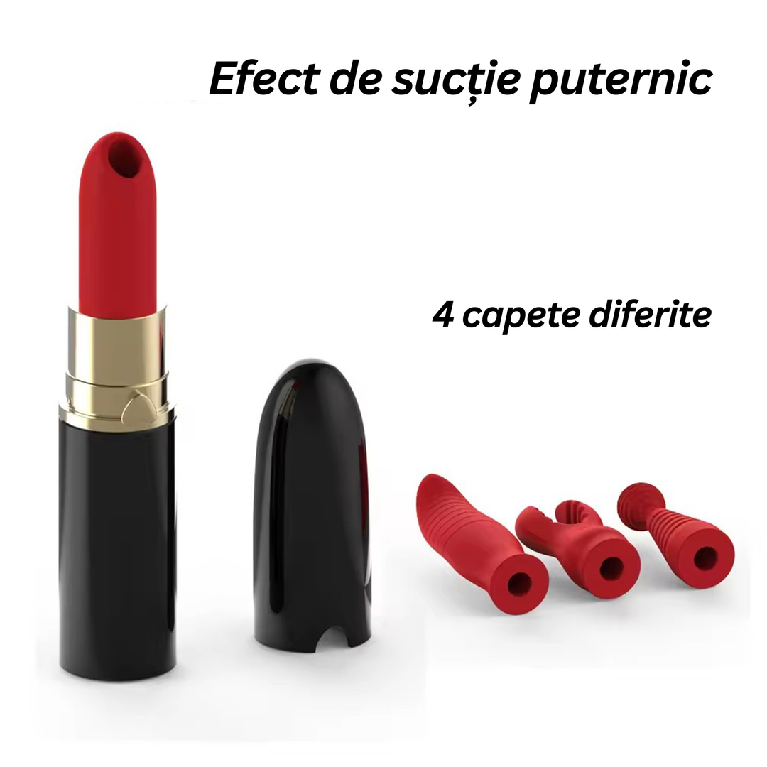 Vibrator tip ruj Obsessia® Red Lipstick, 4 capete interschimbabile, design discret, rezistent la apă, silențios, 123 mm