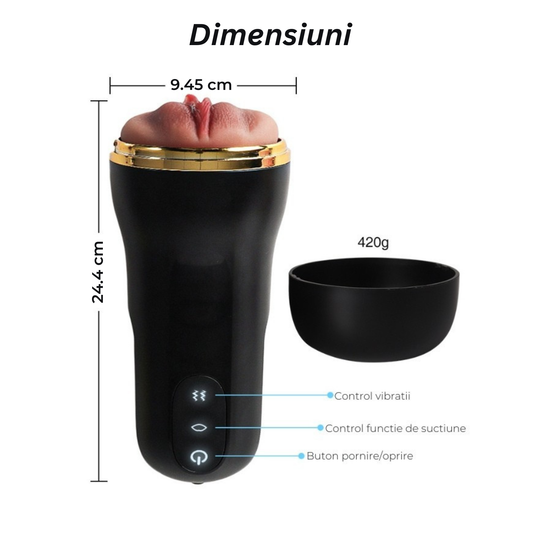 Masturbator automat Obsessia® LikeHer, 10 moduri de vibrație, efect Deep Throat, funcție de sucție, efect ultra-realist, 24.4 cm, negru