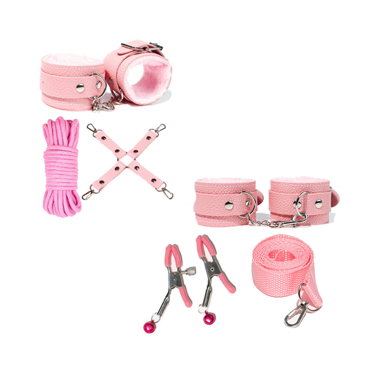Set BDSM Obsessia YesSir cu cătușe, zgardă, lesă și bici, accesorii ajustabile, piele ecologică, roz