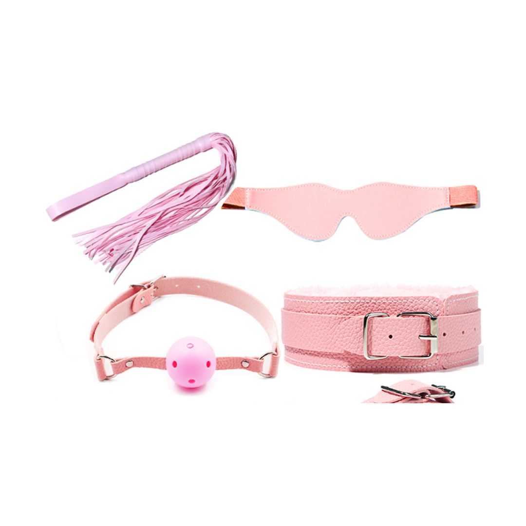 Set BDSM Obsessia YesSir cu cătușe, zgardă, lesă și bici, accesorii ajustabile, piele ecologică, roz