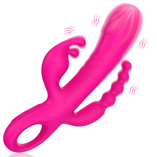Vibrator triplu LovePlay™ BunnyBurst cu 3 functii diferite si 3 motoare independente, stimulare simultana punct G, A si clitoris, din silicon ultra-moale, flexibil, incarcare USB, design silentios si rezistent la apa - LovePlay