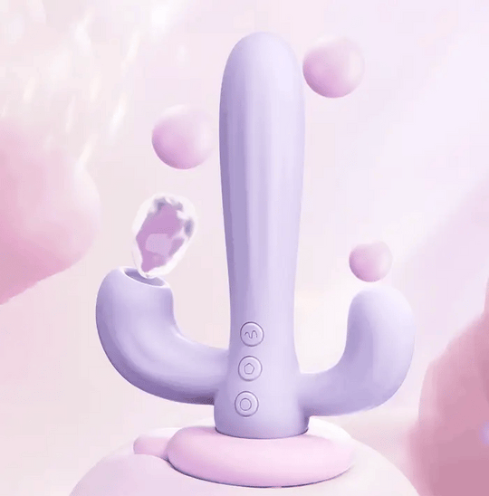 Vibrator Obsessia® Cactus cu 10 tipuri diferite de vibratie si suctie, stimulare tripla, punctul G, punctul C si anal, din silicon, mov, rezistent la apa, incarcare magnetica, design discret, jucarii sexuale silicon