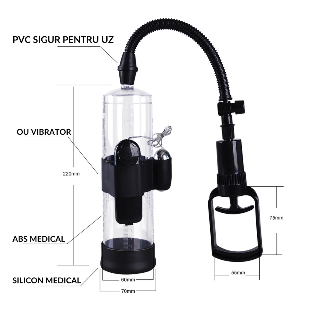 Pompa LovaPlay™ BiggerP pentru marirea penisului in lungime si circumferinta, cu vid, usor de folosit, din silicon, neagra, 7 x 20 cm - LovePlay