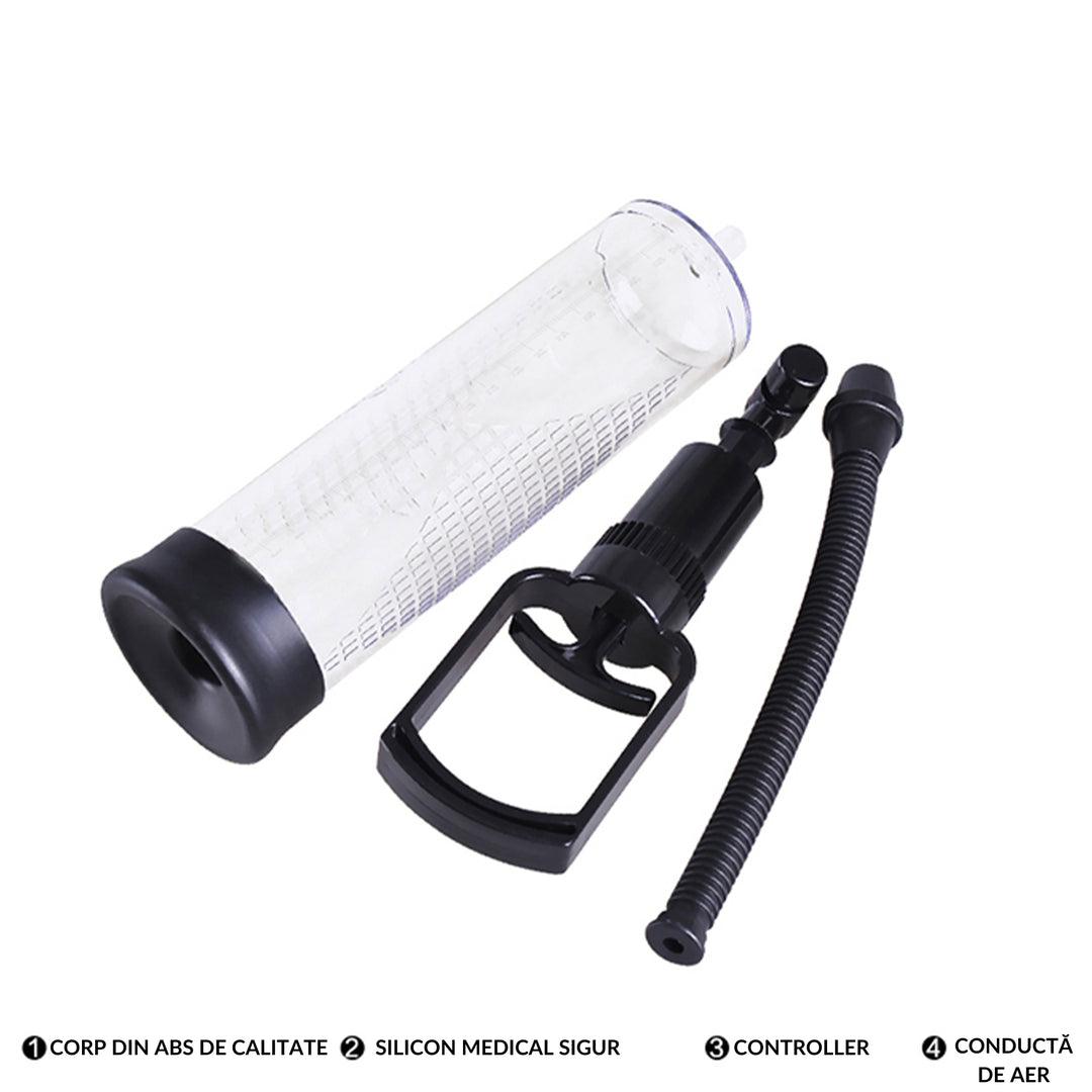 Pompa LovaPlay™ BiggerP pentru marirea penisului in lungime si circumferinta, cu vid, usor de folosit, din silicon, neagra, 7 x 20 cm - LovePlay
