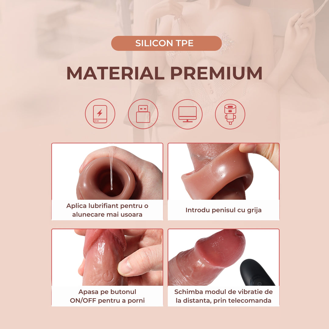 Manson penis LovePlay™ LongFriend, cu 10 moduri de vibratie, vene proeminente, control prin telecomanda, din silicon non-toxic, atasabil, lungime inserabila de 18 cm, rezistent la apa, diametru interior de 4.5 cm - LovePlay