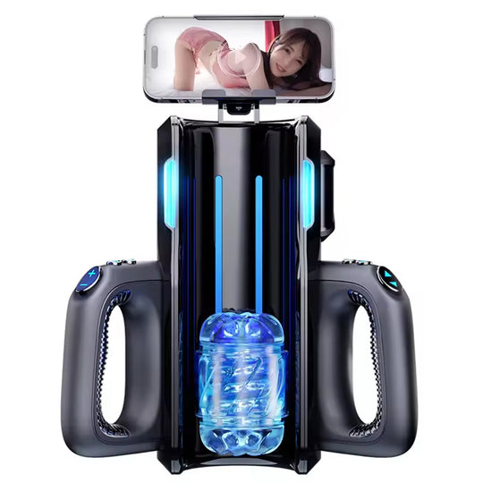 Masturbator Automat LovePlay™ ThrustPro, cu 700 miscari/minut, 10 moduri de suctiune si incalzire 360°, cu sunete interactive, manere si mansoane duble, incarcare USB - LovePlay