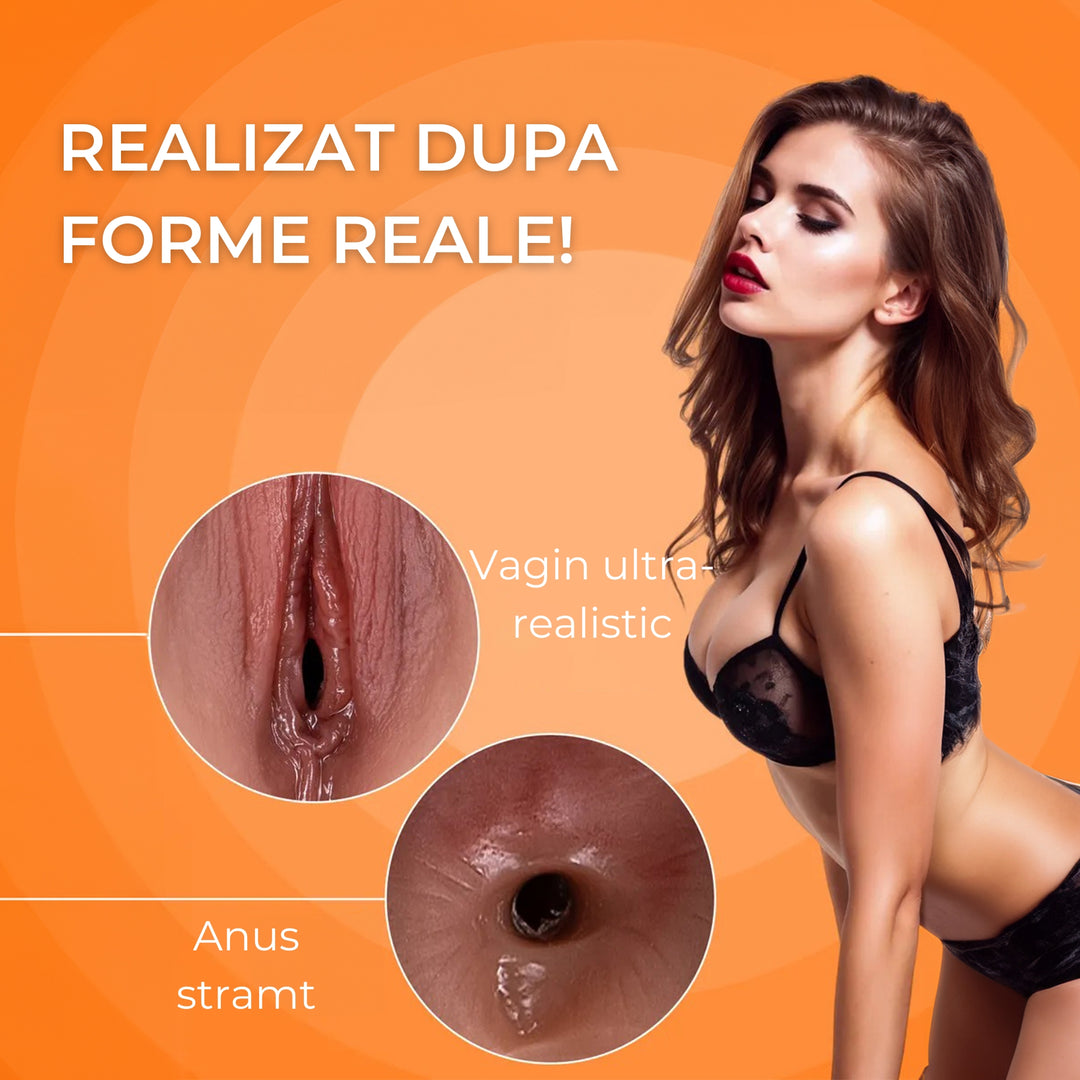 Masturbator ultra-realist 3 gauri LovePlay™ MissHer, din silicon premium non-toxic, stimulare orala si efect deep throat, canal oral, vaginal si anal cu striatii 3D, design turnat pe model real, usor de curatat, rezistent la apa - LovePlay