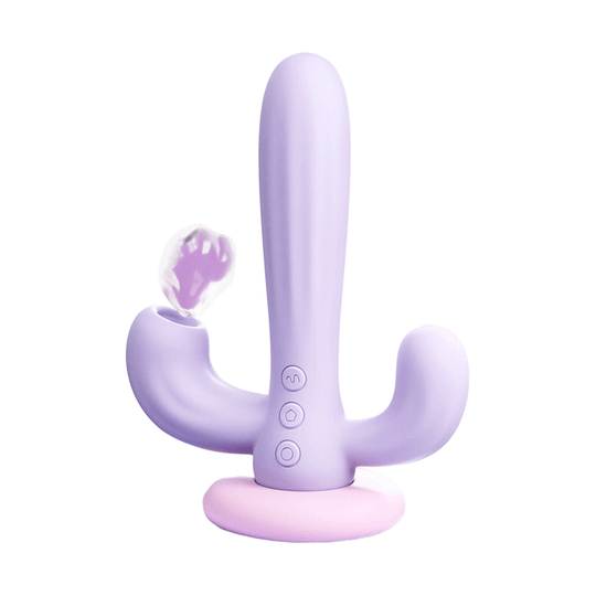 Vibrator Obsessia® Cactus cu 10 tipuri diferite de vibratie si suctie, stimulare tripla, punctul G, punctul C si anal, din silicon, mov, rezistent la apa, incarcare magnetica, design discret, jucarii sexuale silicon