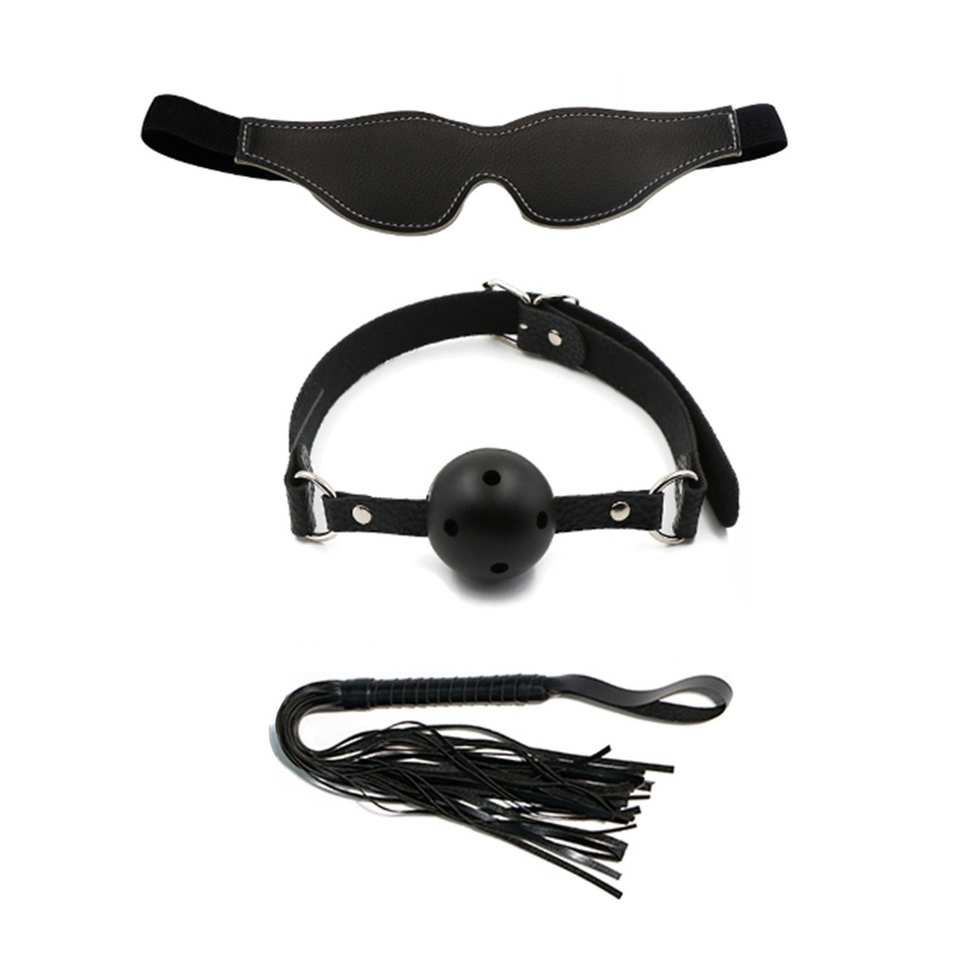 Set BDSM Obsessia YesSir, cătușe, zgardă, lesă și bici, accesorii ajustabile, piele ecologică, negru