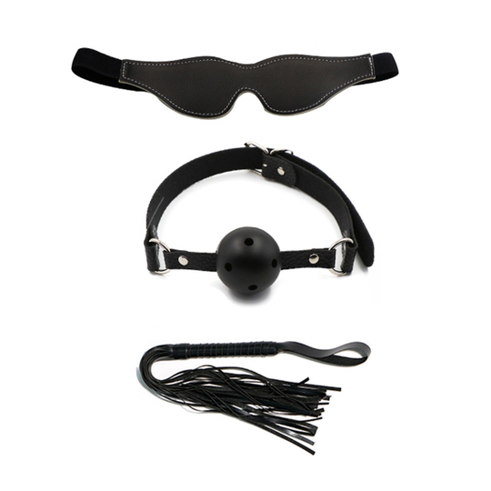 Set BDSM Obsessia YesSir, cătușe, zgardă, lesă și bici, accesorii ajustabile, piele ecologică, negru