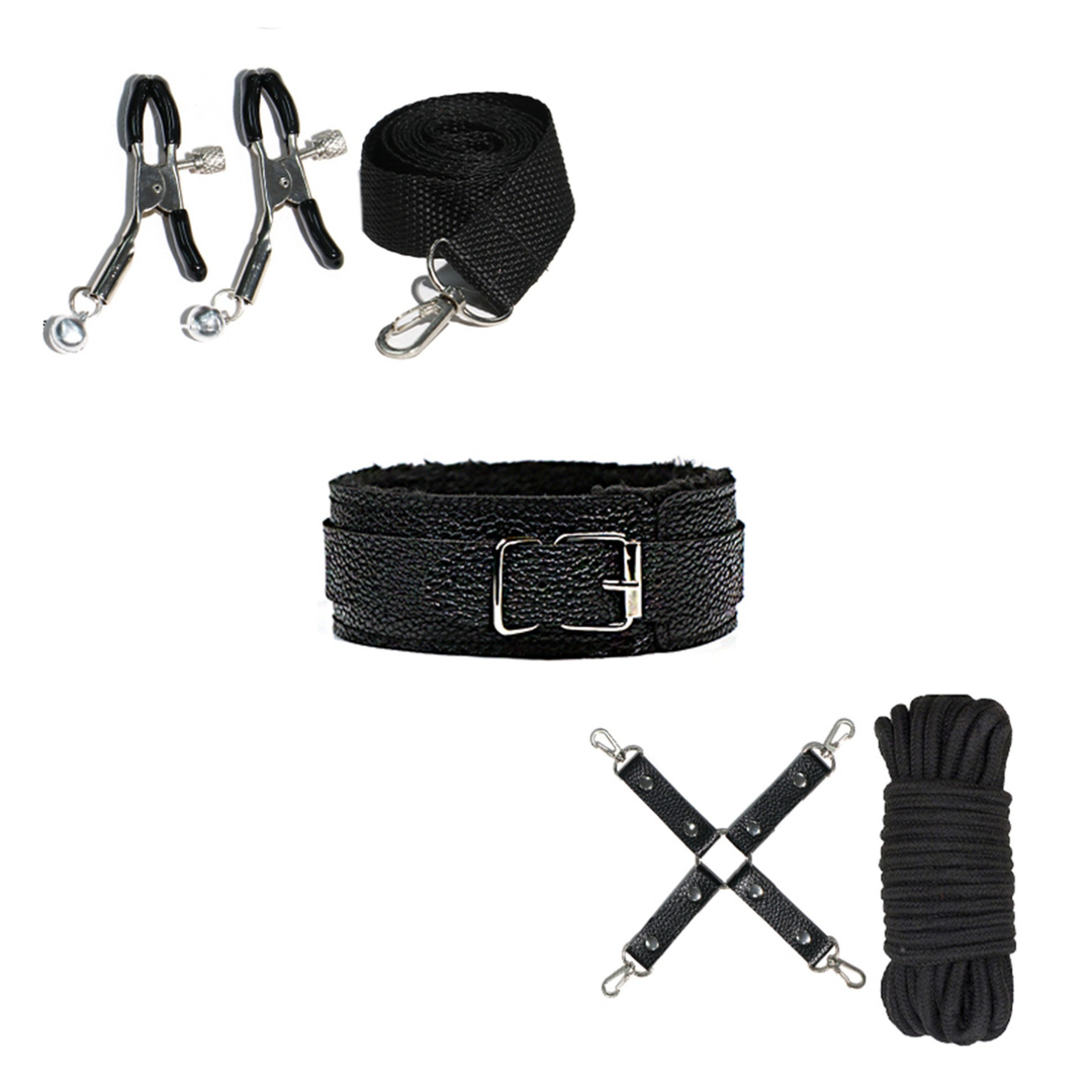 Set BDSM Obsessia YesSir, cătușe, zgardă, lesă și bici, accesorii ajustabile, piele ecologică, negru