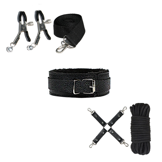 Set BDSM Obsessia YesSir, cătușe, zgardă, lesă și bici, accesorii ajustabile, piele ecologică, negru